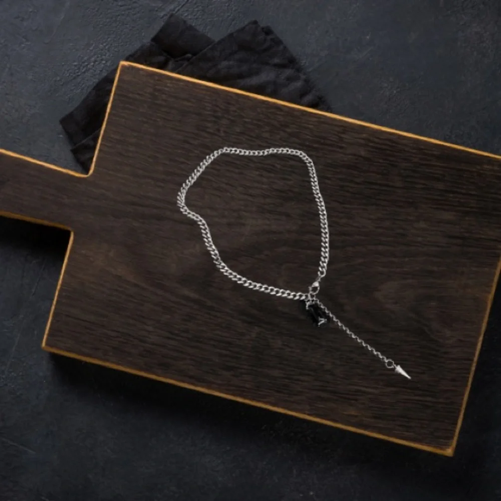 Black Crystal Pendant Stainless Steel Mens Necklace